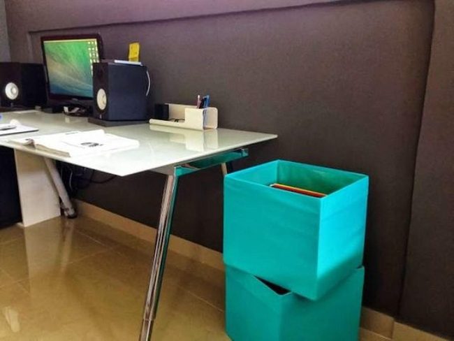 Glass Desk Meets Turquoise Storage