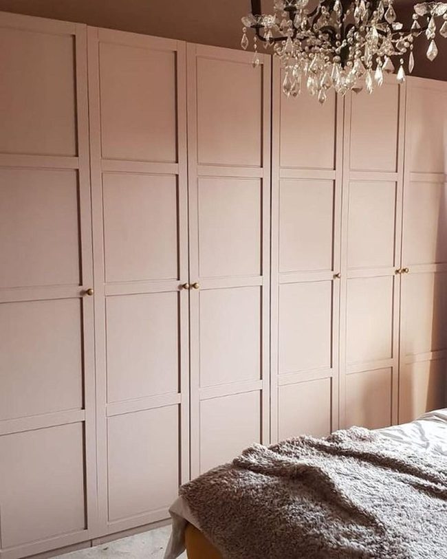 Pink Cabinetry Meets Sparkling Chandelier