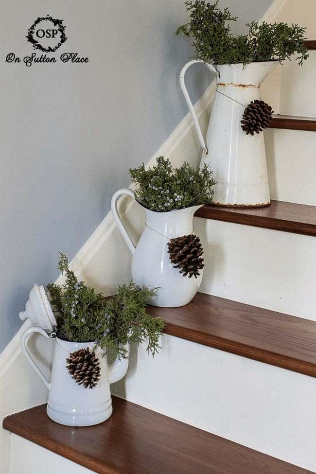 White Pitchers Staircase Flower Display