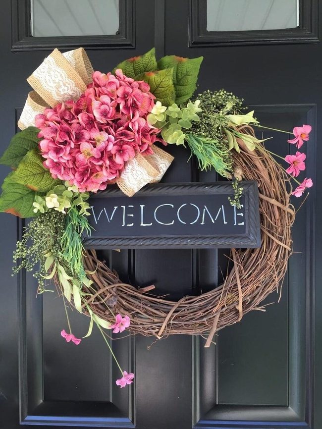 Fresh Green Wreath With Chalkboard Welcome