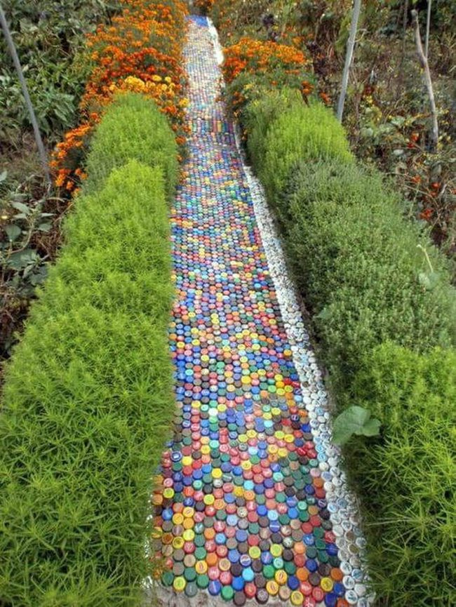Colorful Bottle Cap Garden Pathway