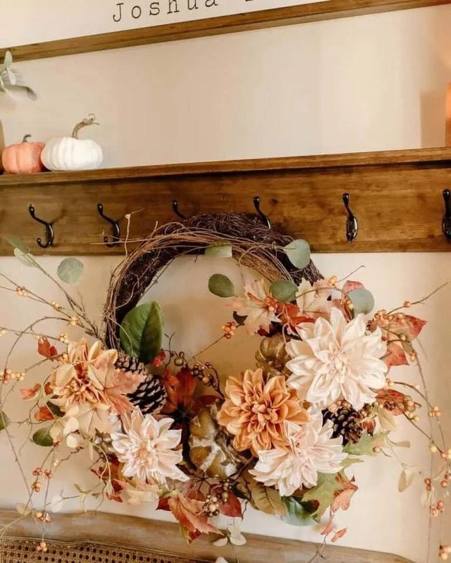 Wooden Coat Rack with Fall Wreath