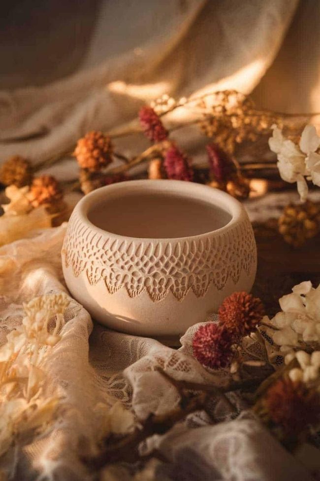 Cream Clay Bowl With Lace Imprint