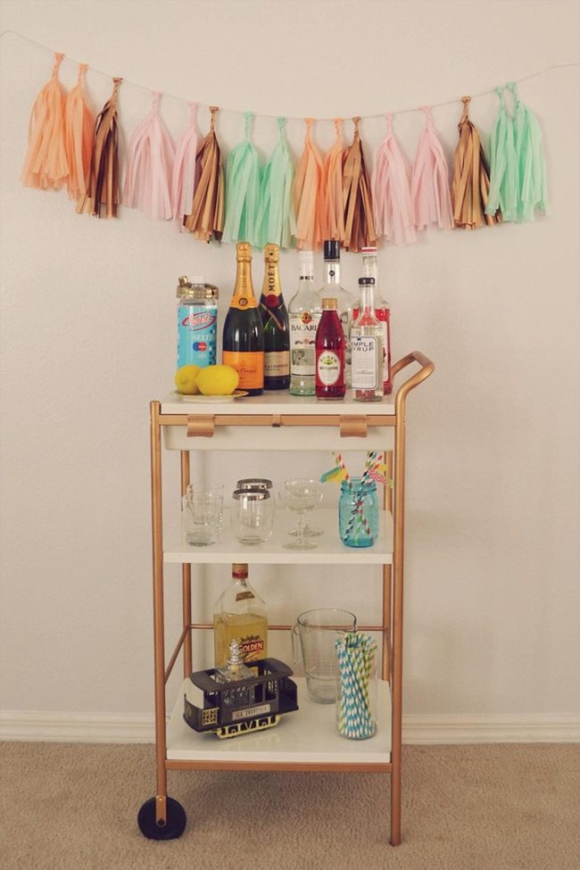 Gold Frame Bar Cart With Pastel Tassels