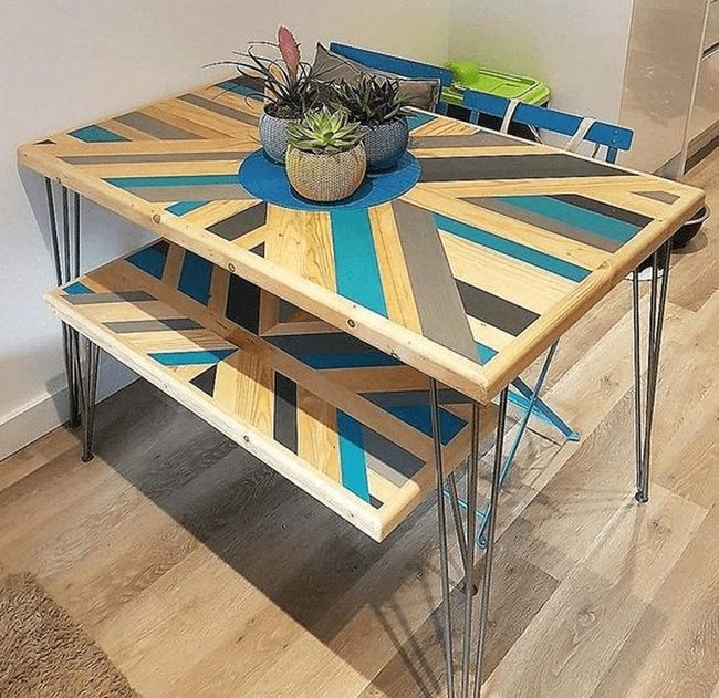 Blue Geometric Wood Table Statement