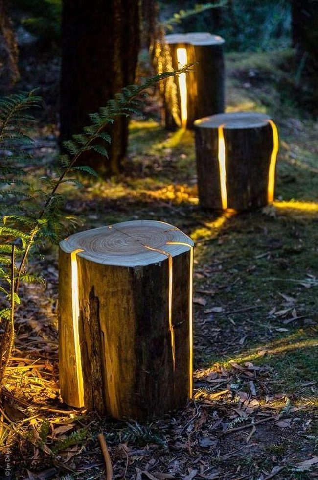 Glowing Wood Stools Garden Path