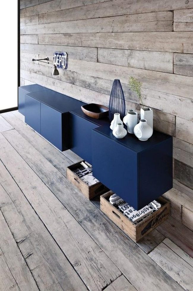 Navy Blue Cabinets Natural Wood Elegance