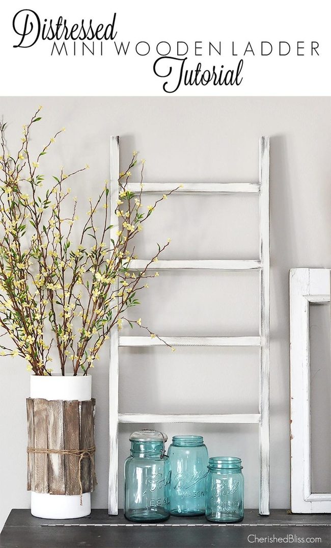 Whitewashed Wood Ladders And Blue Glass