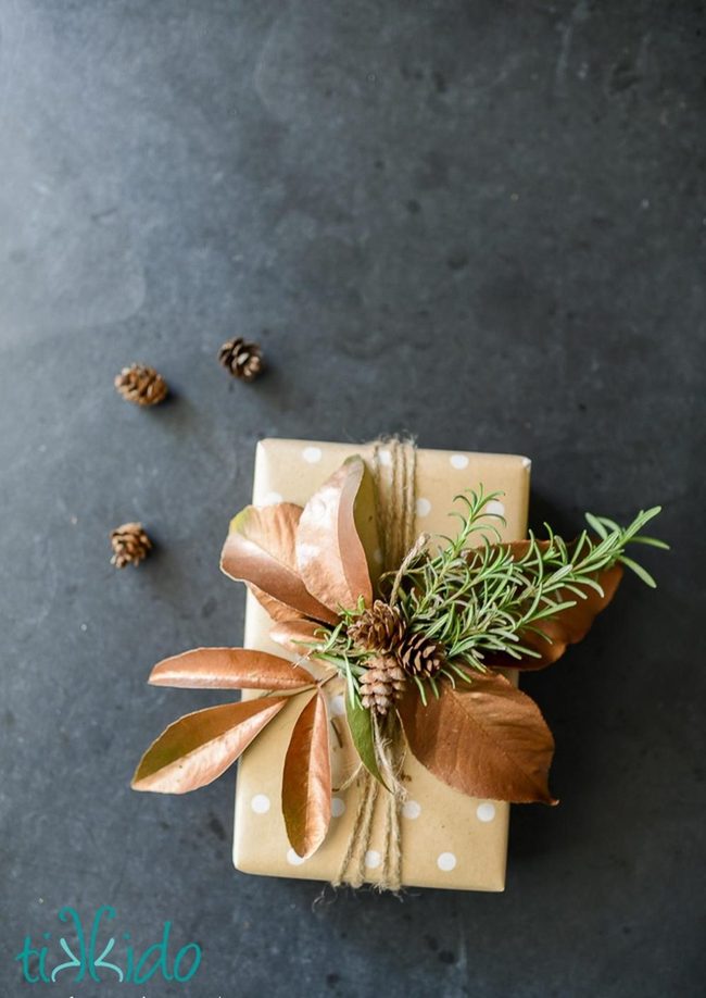 Copper Leaves Green Sprigs Brown Paper