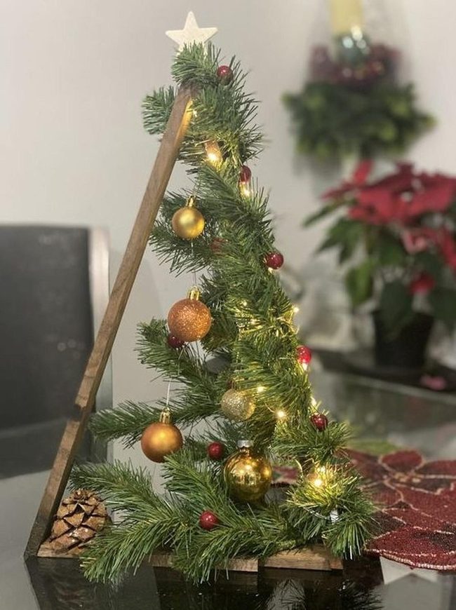 Wooden Triangle Trees Gold And Red Baubles