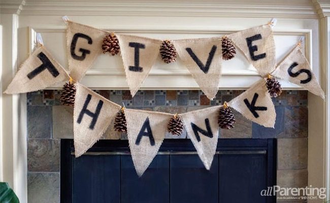 Burlap Banner Pinecone Mantel