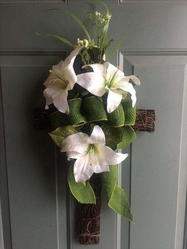 Wooden Cross With Easter Lilies
