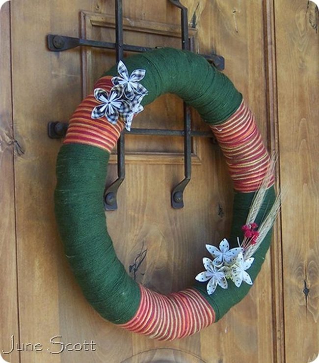 Red And Green Striped Yarn Wreath