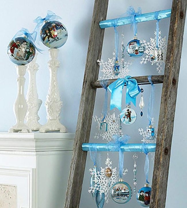 Wooden Ladder Blue Glass Ornaments