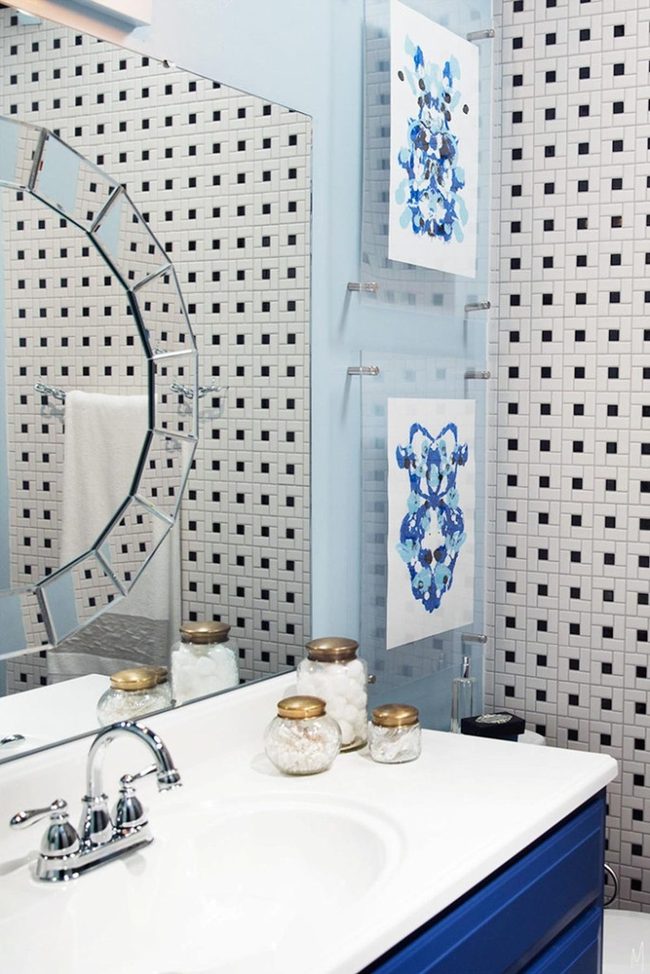 Blue Cabinets With Checkered Tiles