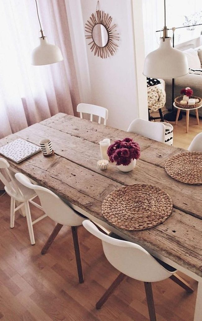 Weathered Wood Table, Modern Minimalist Chairs