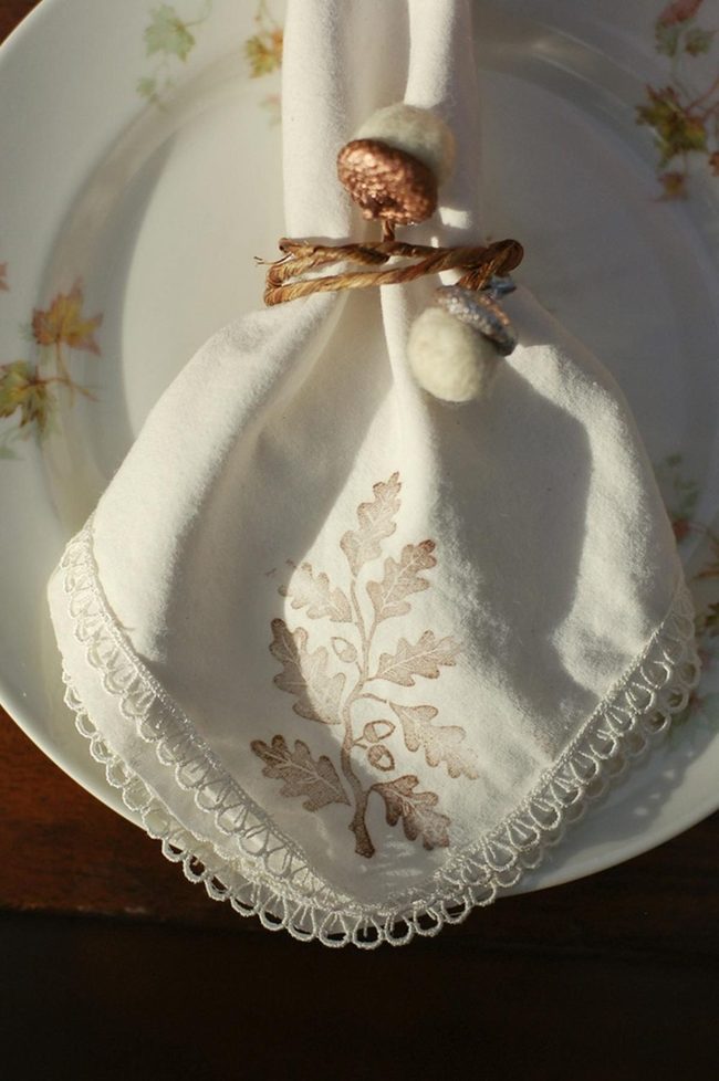 Embroidered Leaves On White Linen