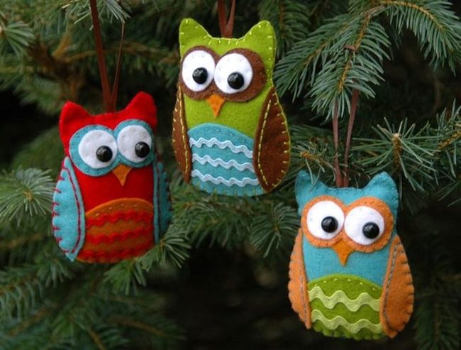 Handstitched Owl Ornaments In Primary Colors