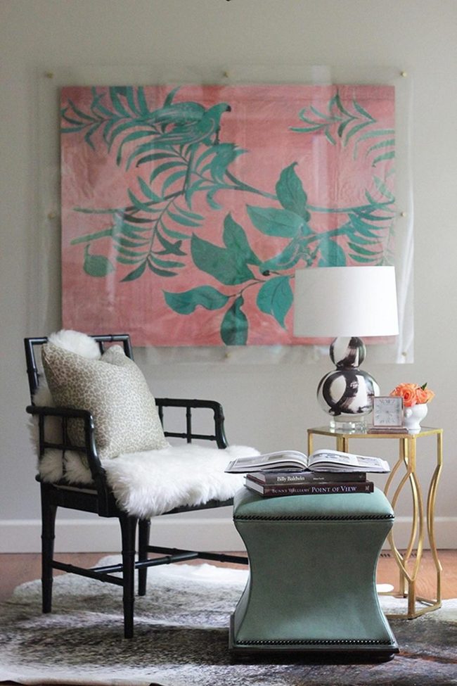 Black Chairs, Mint Ottomans, Pink Walls
