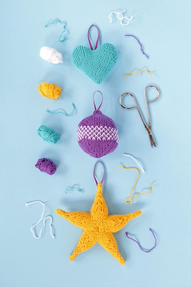 Colorful Knit Ornaments With Yarn Trails