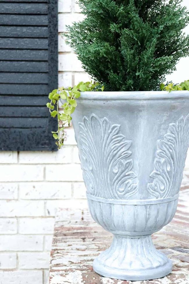 Gray Stone Planter With Carved Leaves