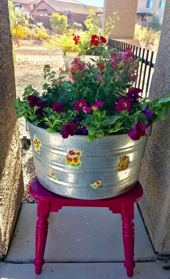 Pink Stool Vintage Bucket Garden
