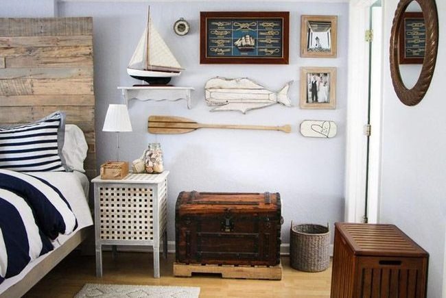 White Walls Navy Stripes Seashells