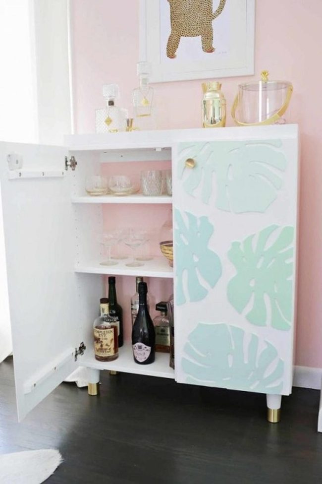 Pastel Green Leaves White Cabinet