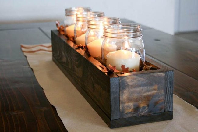 Candlelit Mason Jars With Autumn Leaves