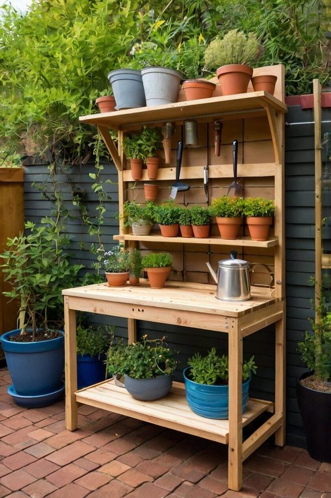 Wall-Mounted Natural Timber Potting Bench