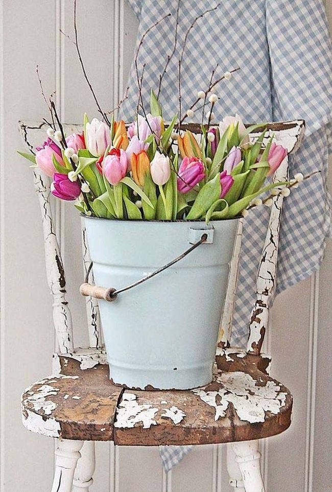Pastel Tulips In White Bucket
