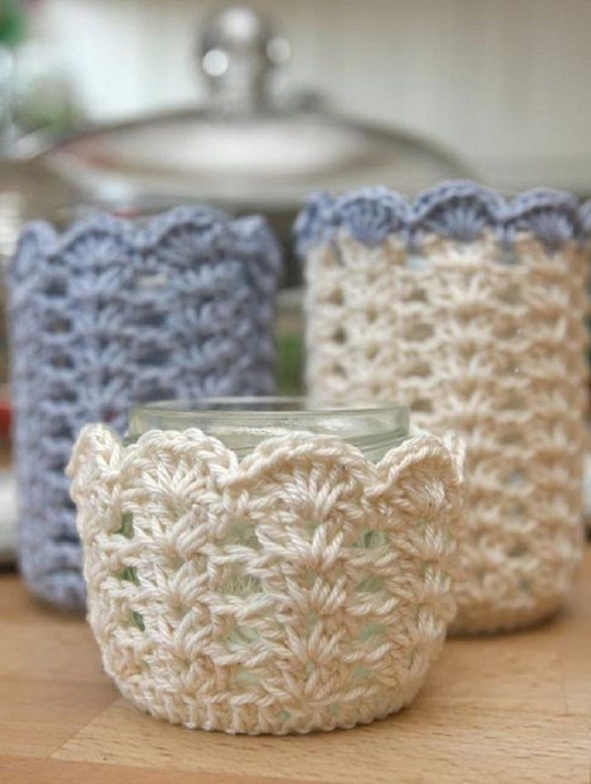 Cream And Blue Crochet Jars
