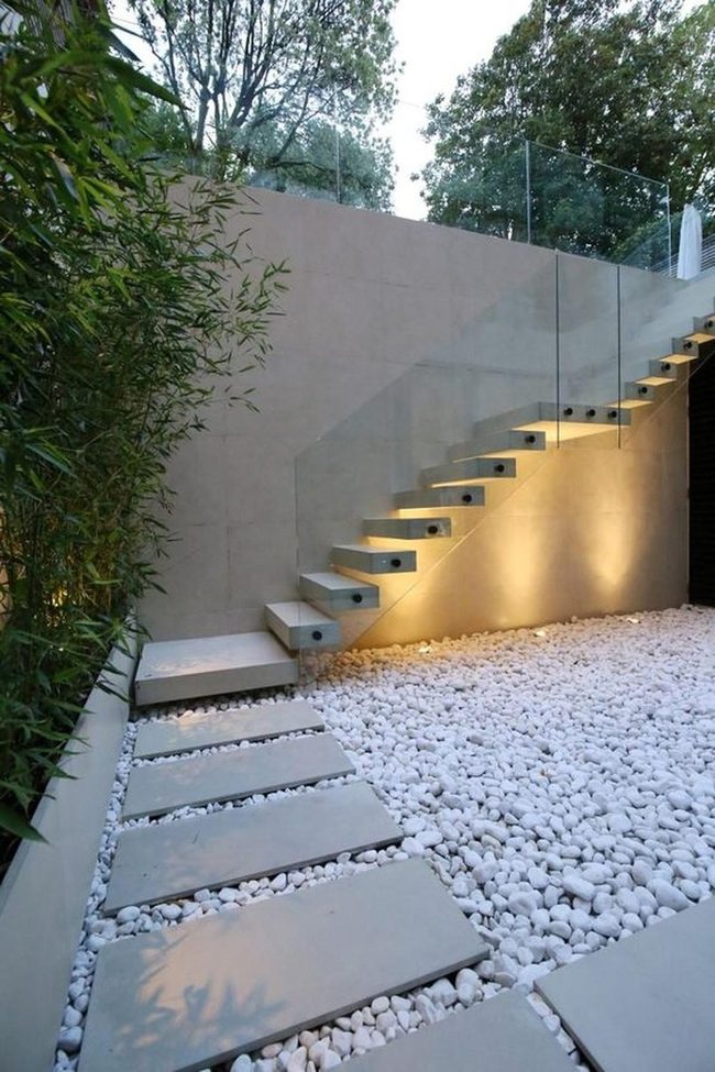 White Stone Modern Steps With Glass Rails