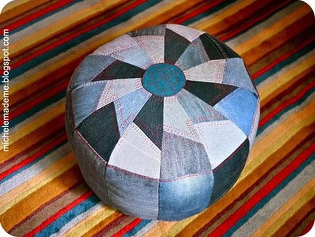 Denim Pouf With Neon Orange Stitching
