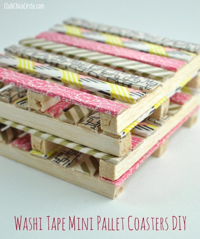 Washi Tape Wood Coasters Pink Yellow Black