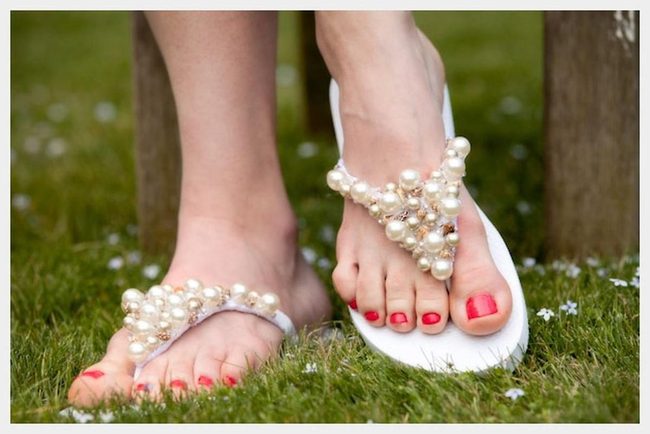 Red Polish And Pearl Sandals Barefoot