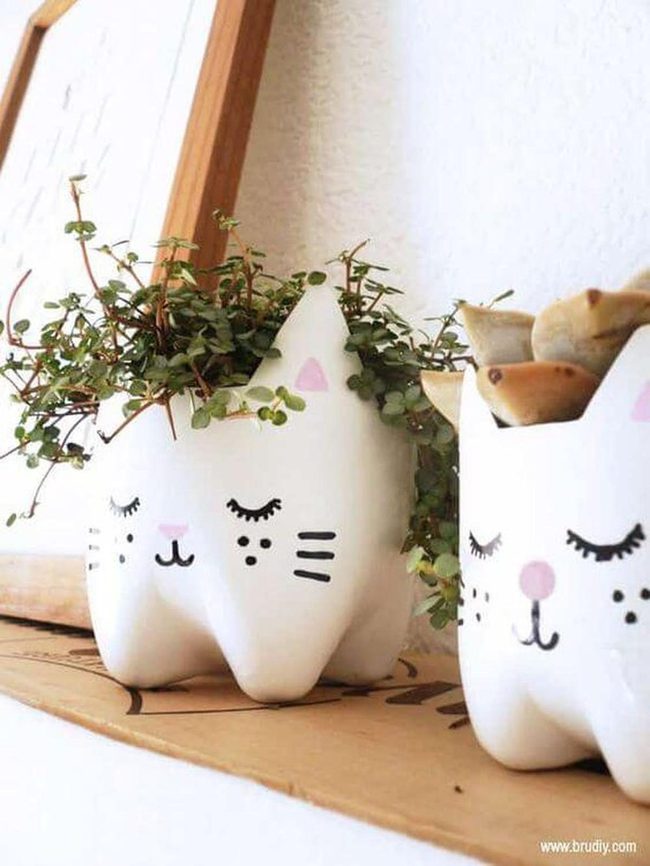 Painted Plastic Bottle Cat Planters