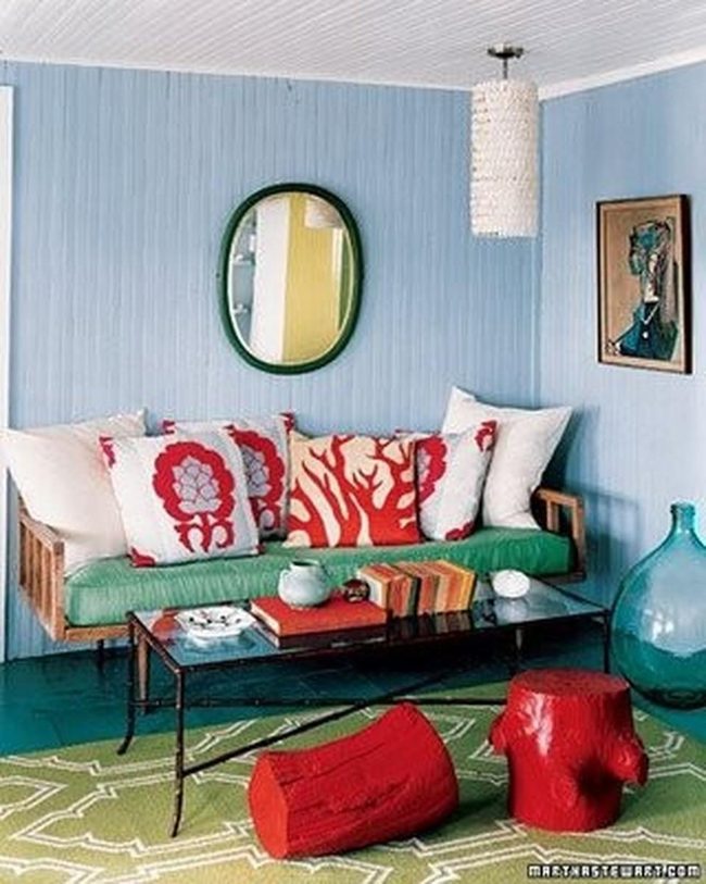 Blue Walls, Red Pops, Green Floor