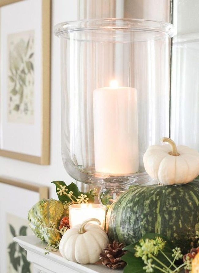 White Pumpkins, Candlelight, Pinecones