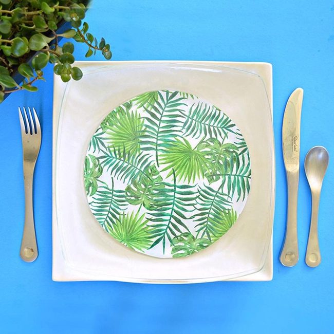 Blue Backdrop Green Leafy Plates