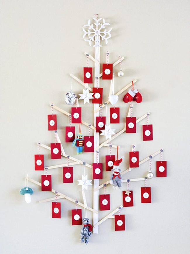 Wooden Tree Advent With Red Envelopes