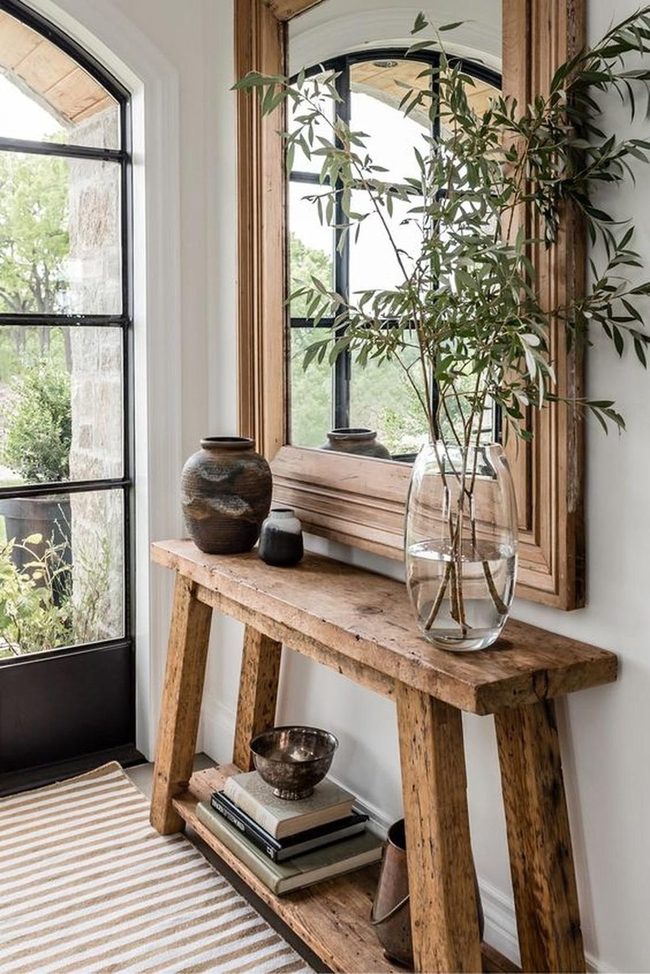 Wooden Table, Green Branches, Natural Light