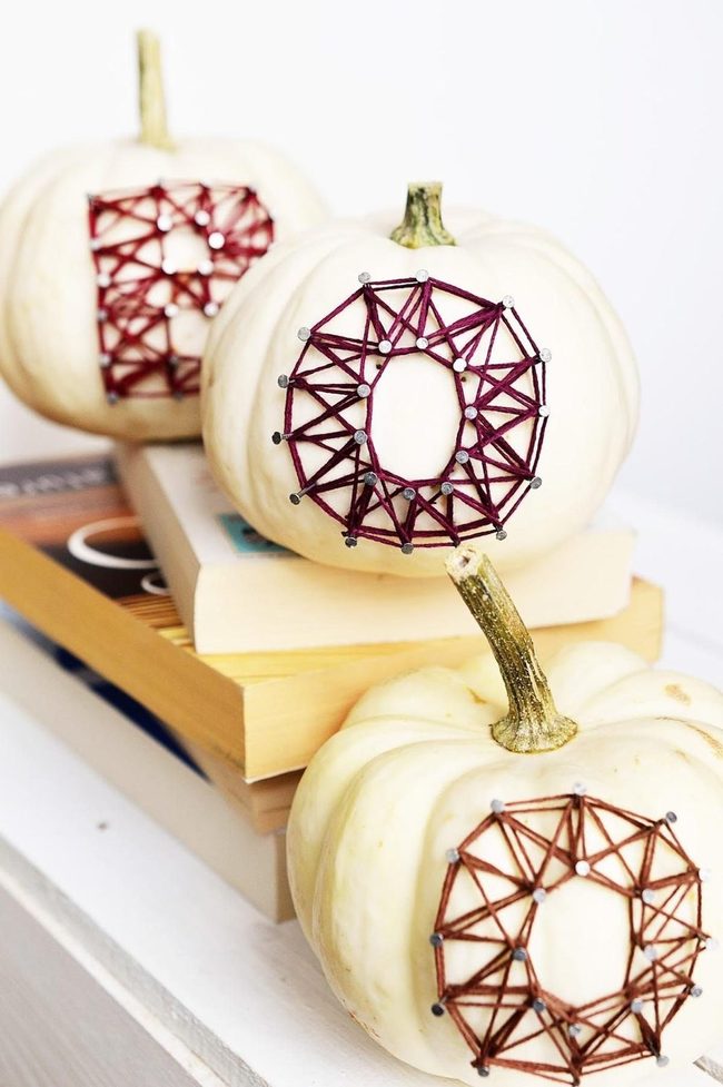 White Pumpkins With Colorful Thread