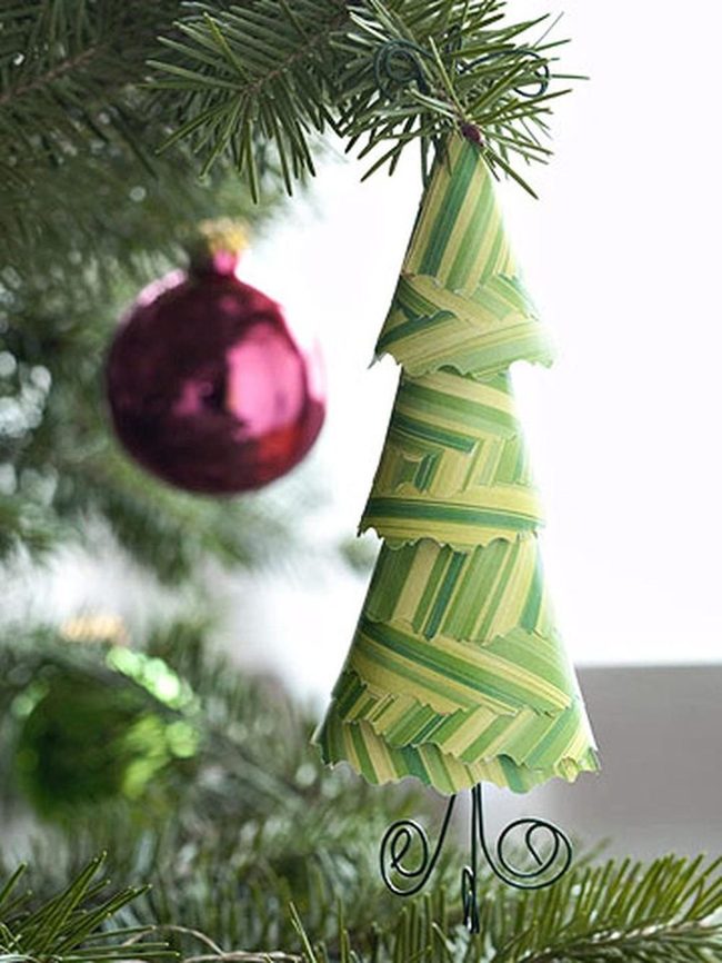 Green Striped Pine With Red Ornaments