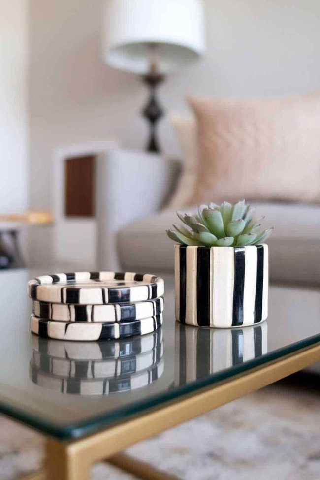Black And White Striped Planter Set