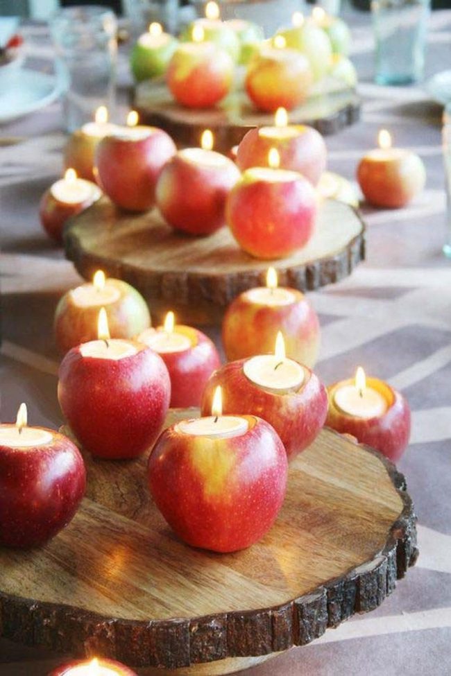 Apple Candles Glowing Wood Stack