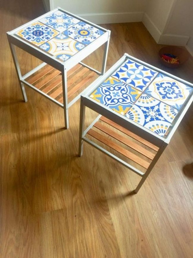 Geometric Tile Tables Blue Yellow White