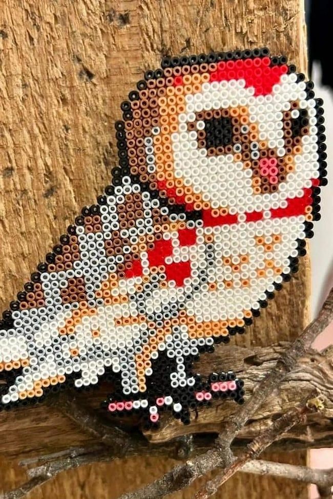 Colorful Bead Owl Against Wood
