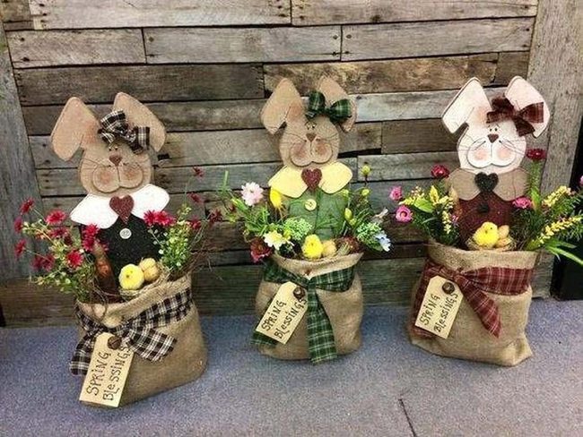 Burlap Sacks Wooden Bunnies Spring Blooms