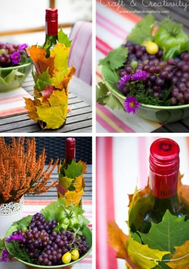 Autumn Wine Display With Fallen Leaves